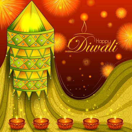 Decorated Diya for Happy Diwali festival holiday celebration of India greeting backgroundのイラスト素材