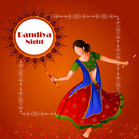 People playing traditional folk dance Garba on Dandiya night celebrating Navratri during Dussehraのイラスト素材