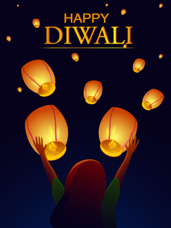 vector illustration of Girl flying sky lamp for Happy Diwali festival holiday celebration of India greeting backgroundのイラスト素材
