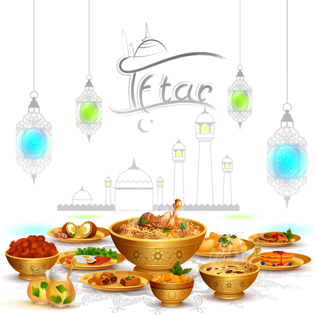 Ramadan Kareem Greetings for Ramadan   with Iftar Food and Drinkのイラスト素材