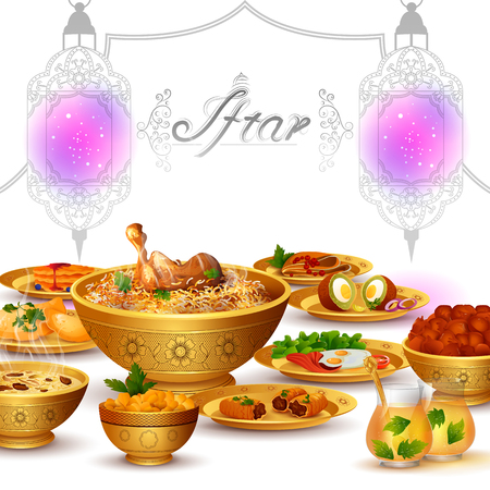 Ramadan Kareem Greetings for Ramadan   with Iftar Food and Drinkのイラスト素材