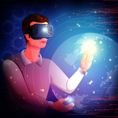 vector illustration of man wearing VR virtual Reality headset glasses and experiencing futuristic cyberscape technologyのイラスト素材