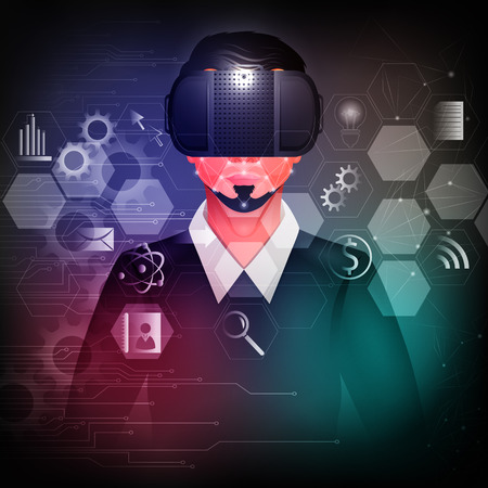 vector illustration of man wearing VR virtual Reality headset glasses and experiencing futuristic cyberscape technologyのイラスト素材