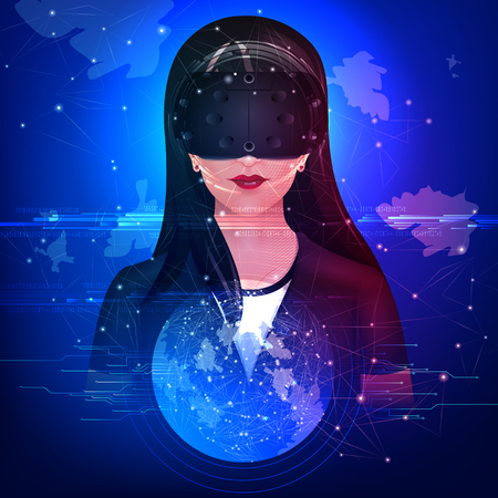 vector illustration of woman wearing VR virtual Reality headset glasses and experiencing futuristic cyberscape technologyのイラスト素材
