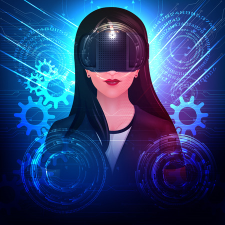 vector illustration of woman wearing VR virtual Reality headset glasses and experiencing futuristic cyberscape technologyのイラスト素材