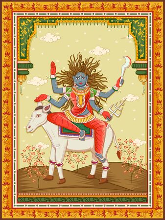 Vector design of statue of Indian Goddess Kaal Ratri one of avatar from Navadurga with vintage floral frameのイラスト素材