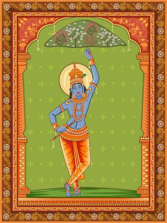 Vector design of Vintage statue of Indian God Krishna with vintage floral frameのイラスト素材