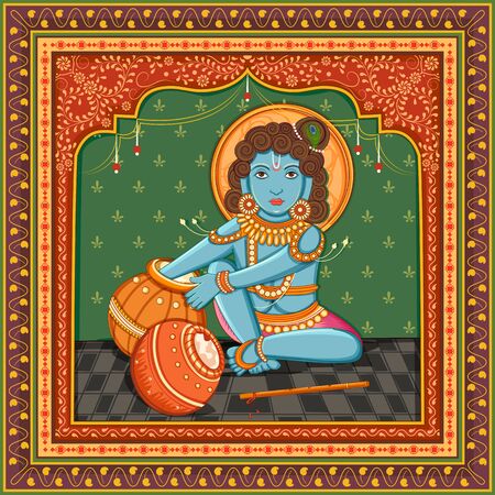 Vector design of Vintage statue of Indian God Krishna with vintage floral frameのイラスト素材