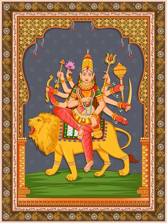 Vector design of statue of Indian Goddess Chandraghanta one of avatar from Navadurga with vintage floral frameのイラスト素材