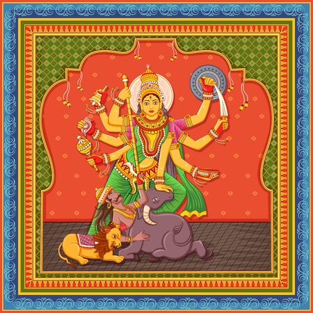 Vector design of statue of Indian Goddess Durga with vintage floral frameのイラスト素材