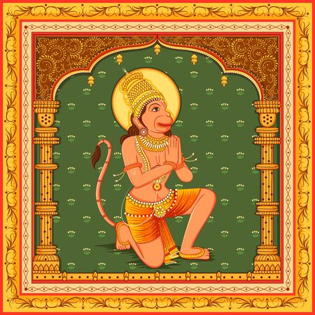 Vector design of statue of Indian Lord Hanuman with vintage floral frameのイラスト素材