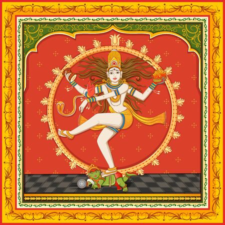 Design of statue of Indian Lord Shiva Nataraja with vintage floral frameのイラスト素材
