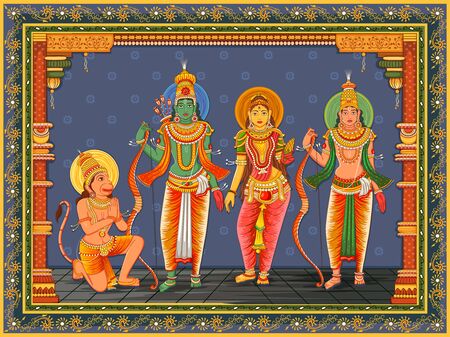 Statue of Indian God Rama, Laxmana, Sita and Hanuman with vintage floral frameのイラスト素材