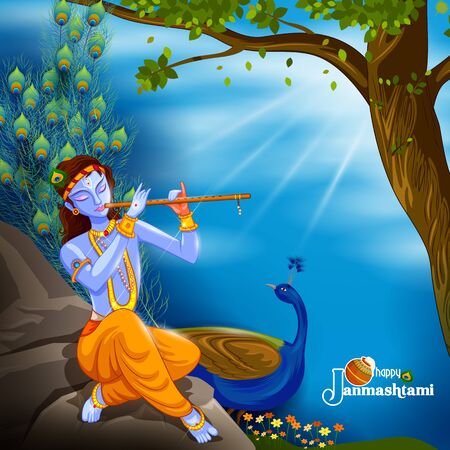 God Krishna playing flute on Happy Janmashtami festivalのイラスト素材