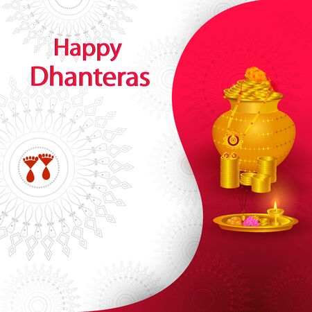 Gold Kalash with decorated diya for Happy Dhanteras Diwali festival holiday celebration of India greeting backgroundのイラスト素材