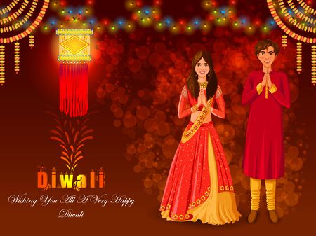 Indian family people celebrating Happy Diwali festival holiday of Indiaのイラスト素材