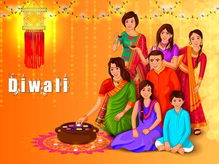 Indian family people celebrating Happy Diwali festival holiday of Indiaのイラスト素材