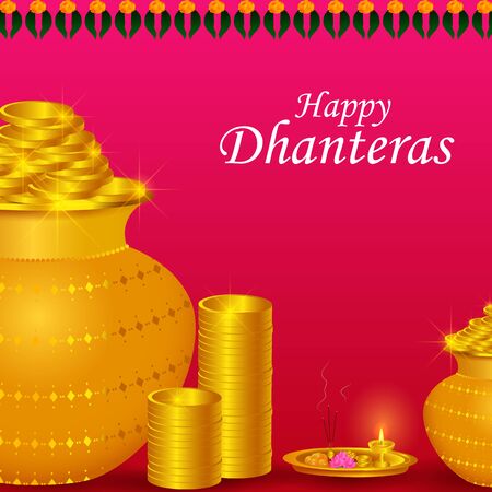 Gold Kalash with decorated diya for Happy Dhanteras Diwali festival holiday celebration of India greeting backgroundのイラスト素材