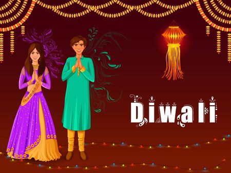 Indian family people celebrating Happy Diwali festival holiday of Indiaのイラスト素材