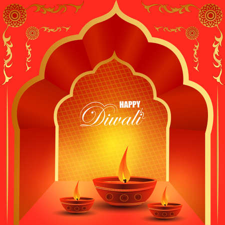 Decorated Diya for Happy Diwali festival holiday celebration of India greeting backgroundのイラスト素材