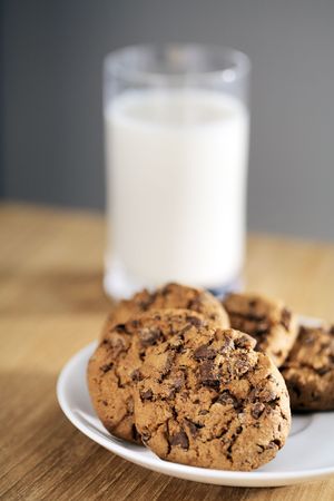 Chocolate chip cookies with a glass of milk. Short depth-of-field