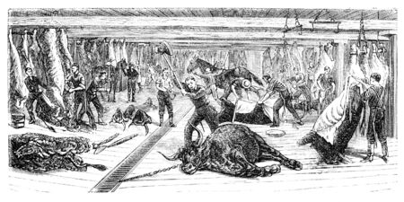 A Slaughterhouse in Chicago. Illustration originally published in Ernst von Hesse-Wartegg's "Nord Amerika", swedish edition published in 1880. The image is currently in Public domain by virtue of age.の写真素材