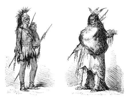 Wichita native american warrior in both summer and winter clothing. Illustration originally published in Ernst von Hesse-Wartegg's "Nord Amerika", swedish edition published in 1880. The image is currently in Public domain by virtue of age.の写真素材