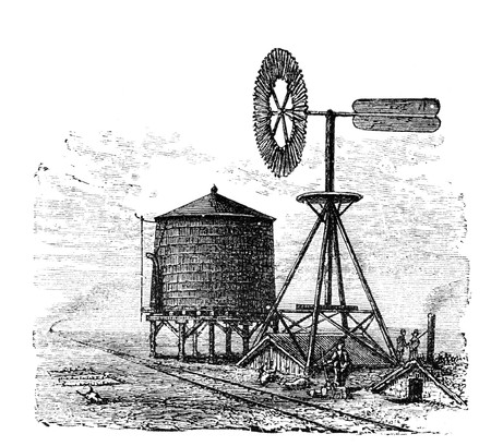 Water tank and windmill on prairie. Illustration originally published in Ernst von Hesse-Wartegg's...
