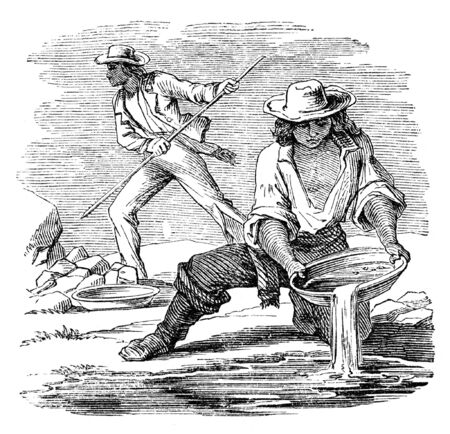 Placer mining for minerals. Illustration originally published in Ernst von Hesse-Wartegg's "Nord Amerika", swedish edition published in 1880. The image is currently in Public domain by virtue of age.の写真素材