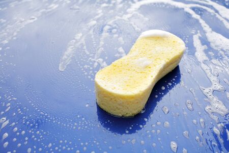 Yellow soapy sponge on the hood of a blue car.の写真素材