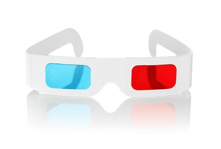 Disposable cheap cardboard 3D glasses with red and cyan lenses isolated on white.の写真素材