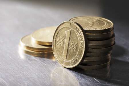 The Finnish markka was the currency of Finland from 1860 until 28 February 2002, when it ceased to be legal tender. The markka was replaced by the euro. This is the latest design of 1 markka coin.の写真素材