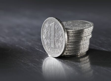 Finnish 1 Markka coins. This type of coin was struck and used between 1964 and 1993.の写真素材