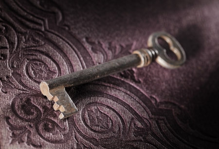 Old key on an ornamental 19th century book cover.の写真素材