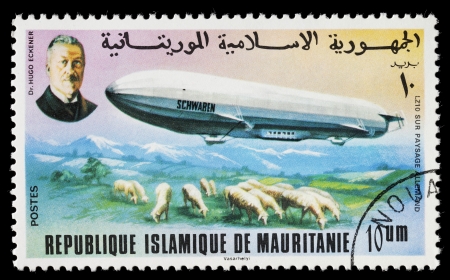 MAURITANIA - CIRCA 1976: Zeppelin stamp from Mauritania. LZ 10 Schwaben was a German rigid airship built by Luftschiffbau Zeppelin in 1911. It is regarded as the first commercially successful passenger-carrying aircraft. Circa 1976 in Mauritaniaのeditorial素材