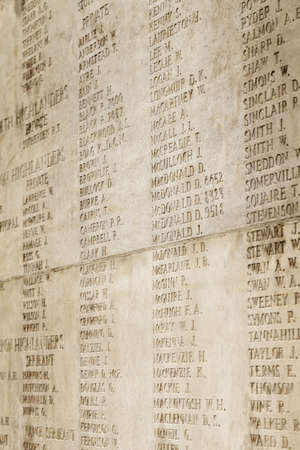 Names of dead british soldiers in WW I engraved in memorial monument located in La...