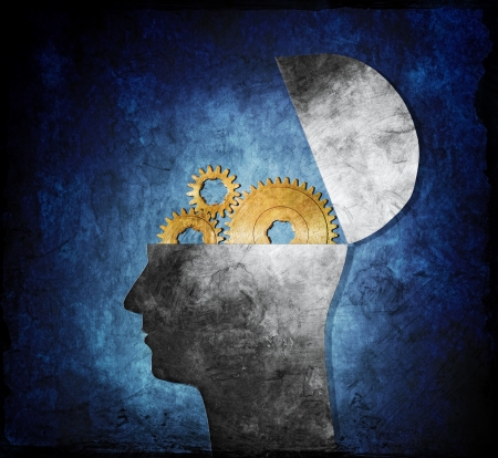 Raster collage illustration of an opened head with cog gears.の写真素材