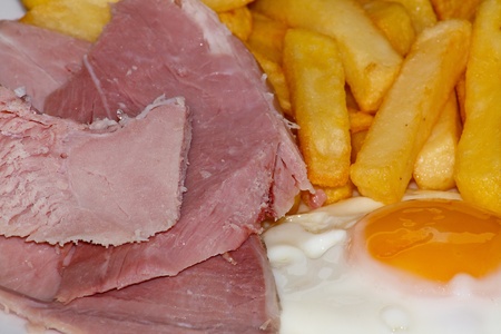 Close up of Ham, egg and chips  A traditional British Cafe Dishの写真素材
