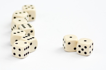 White dice frame edge with focus on double one or snake eyesの写真素材