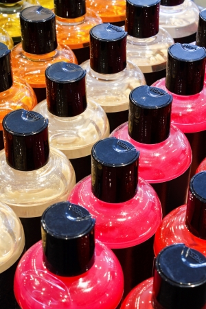 Luxury foam bath bottles in striking colours a popular pampering and beauty productの写真素材