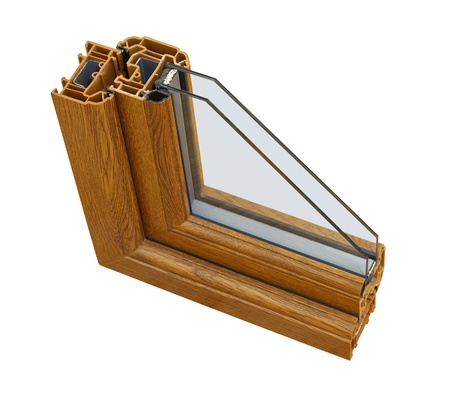 A cross section of wood effect Double glazing cut away to show the inner profile and construction qualityの写真素材
