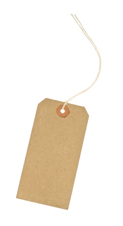 traditional cardboard price tag with white string threaded through the reinforced hole isolated against a white backgroundの写真素材