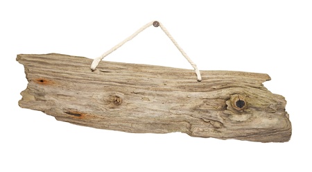 old grungy antique wooden plank of driftwood sign hanging on string great for noticesの写真素材