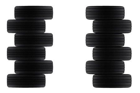 pile of radial and cross ply rubber tyres stacked on top of each other to make frame, border or backgroundの写真素材