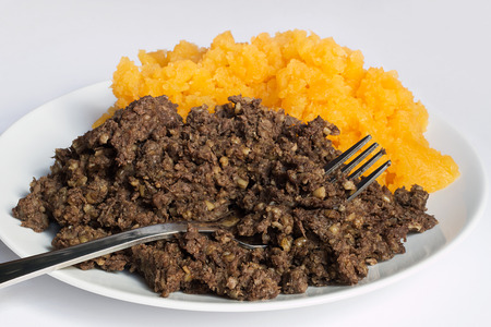Traditional haggis and neeps close up, also called a burns supper in Scotland.の写真素材