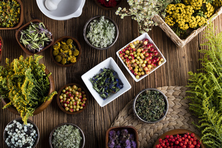 Natural medicine concept - set of herbs and edible fruits on wooden tableの写真素材