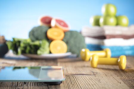 Fitness concept - objects and foodの写真素材