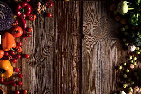 Vegetables. Wooden table, top view.の写真素材