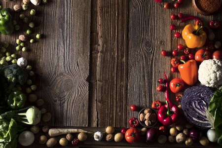 Vegetables. Wooden table, top view.の写真素材
