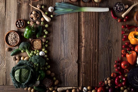 Vegetables. Wooden table, top view.の写真素材